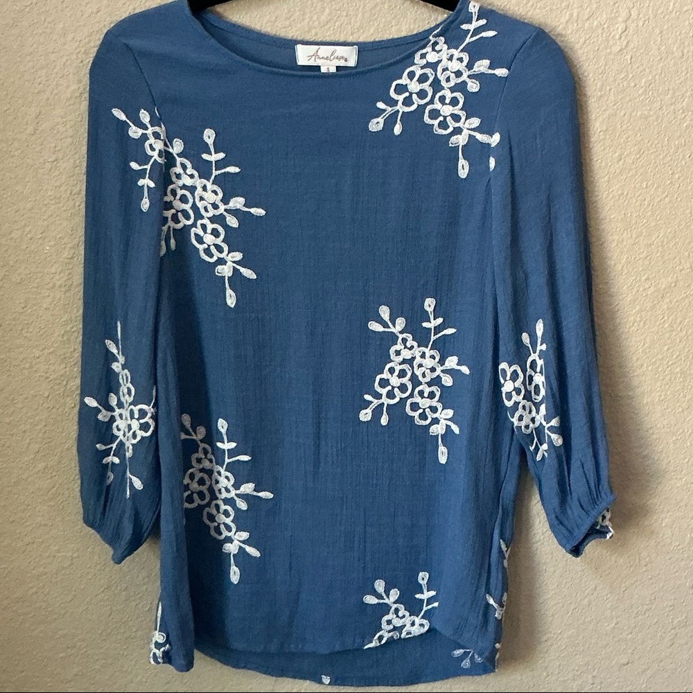 Avalon Women's Blue Top with White Floral embroidered Design
